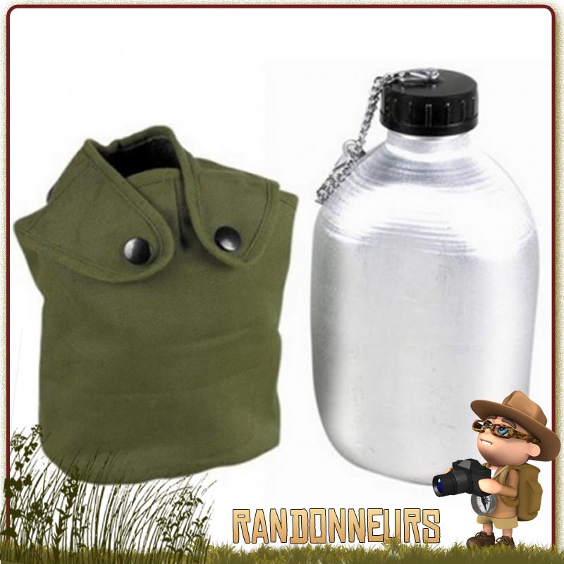 gourde armée française aluminium type M52 CAO de 1.3 litres avec housse nylon. Gourde militaire alu M52 française